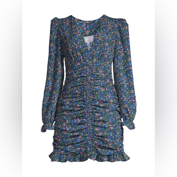 Sak’s Floral Ruched Mini Blue Multicolored Dress - Picture 3 of 3